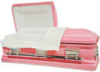 Orion Series Bright Pink casket — pink 18-gauge steel with white velvet interior (view 2)