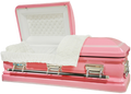 Orion Series Bright Pink casket — pink 18-gauge steel with white velvet interior