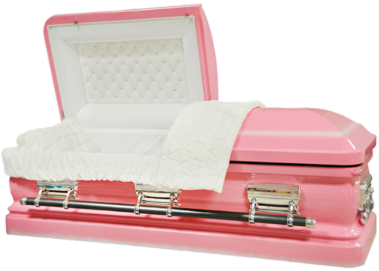 Orion Series Bright Pink casket — pink 18-gauge steel with white velvet interior