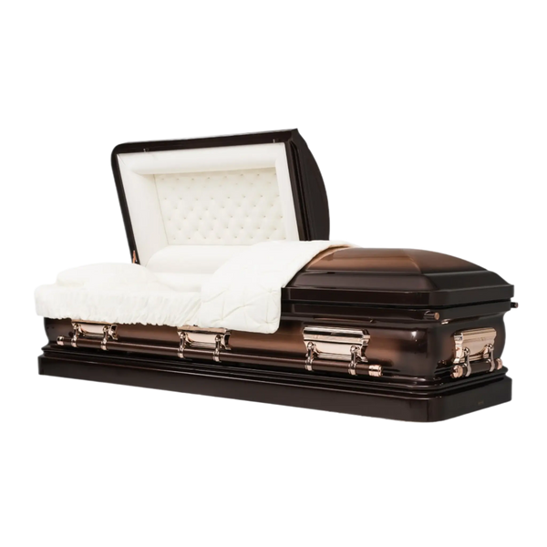 Orion Series Brown Brushed casket — brown 18-gauge steel with white velvet interior