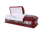 Orion Series Cabernet casket — red 18-gauge steel with white velvet interior (view 2)