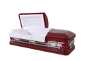 Orion Series Cabernet casket — red 18-gauge steel with white velvet interior