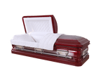 Orion Series Cabernet casket — red 18-gauge steel with white velvet interior