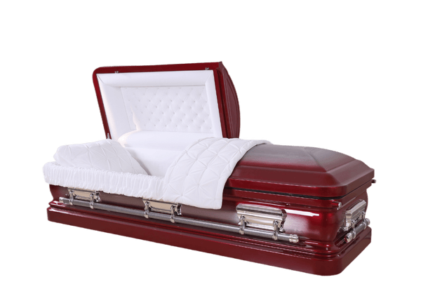 Orion Series Cabernet casket — red 18-gauge steel with white velvet interior