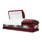 Orion Series Cherry Red casket — red 18-gauge steel with white velvet interior (view 2)