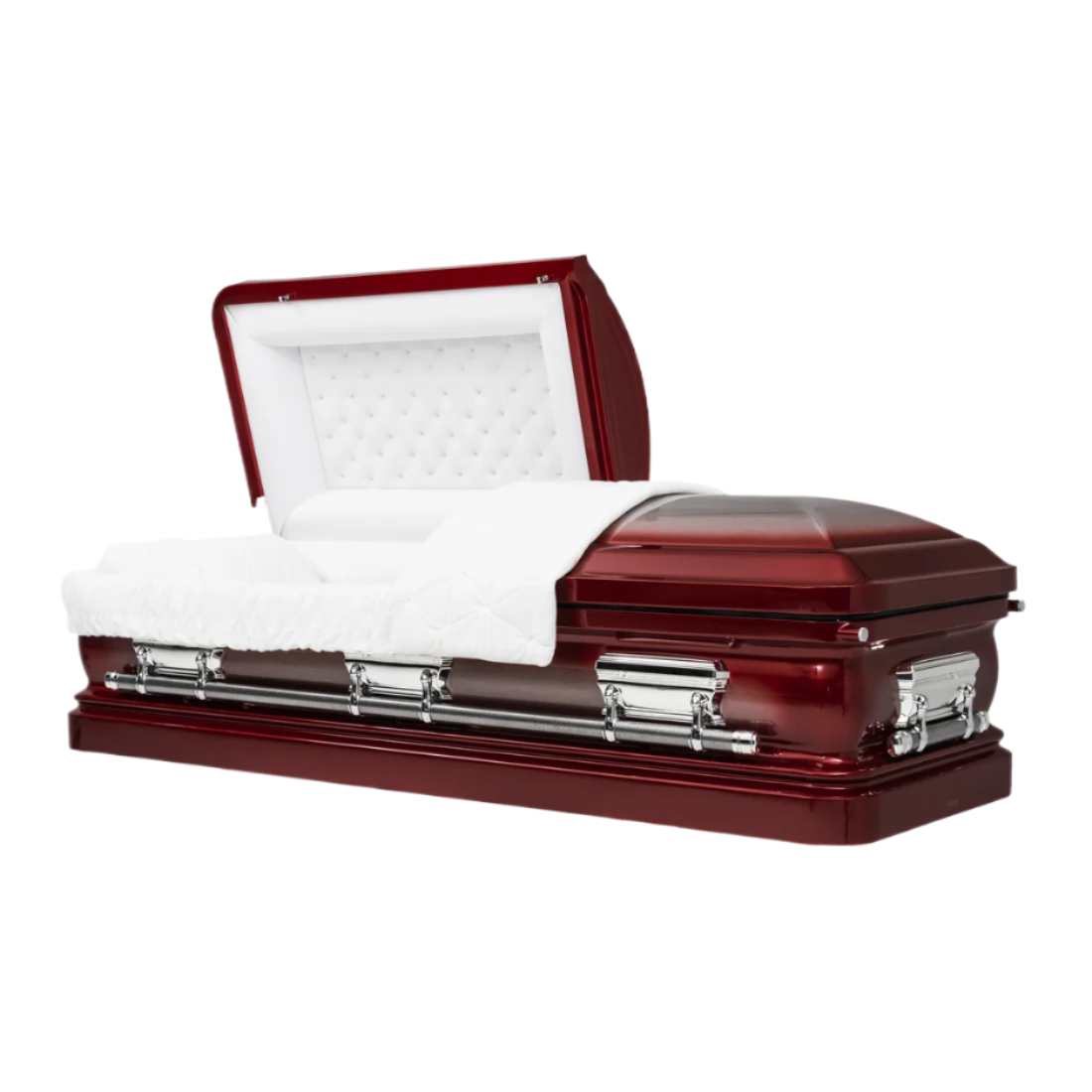 Orion Series Cherry Red casket — red 18-gauge steel with white velvet interior (view 2)