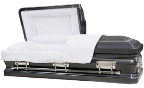 Orion Series Dark Gray casket — gray 18-gauge steel with white velvet interior