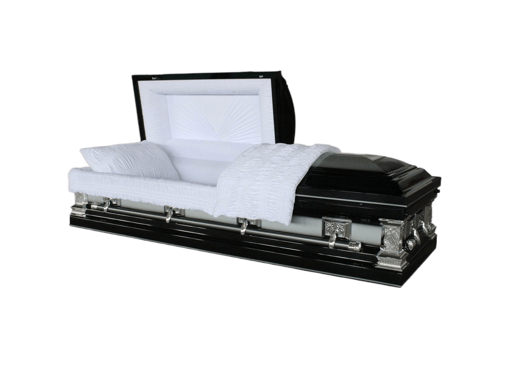 Orion Series Ebony/Silver casket — black 18-gauge steel with white velvet interior (view 2)