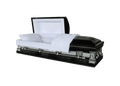 Orion Series Ebony/Silver casket — black 18-gauge steel with white velvet interior