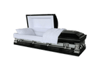 Orion Series Ebony/Silver casket — black 18-gauge steel with white velvet interior