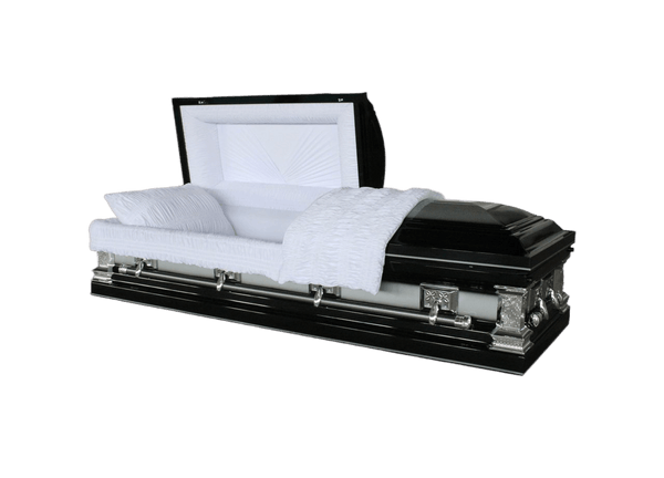 Orion Series Ebony/Silver casket — black 18-gauge steel with white velvet interior