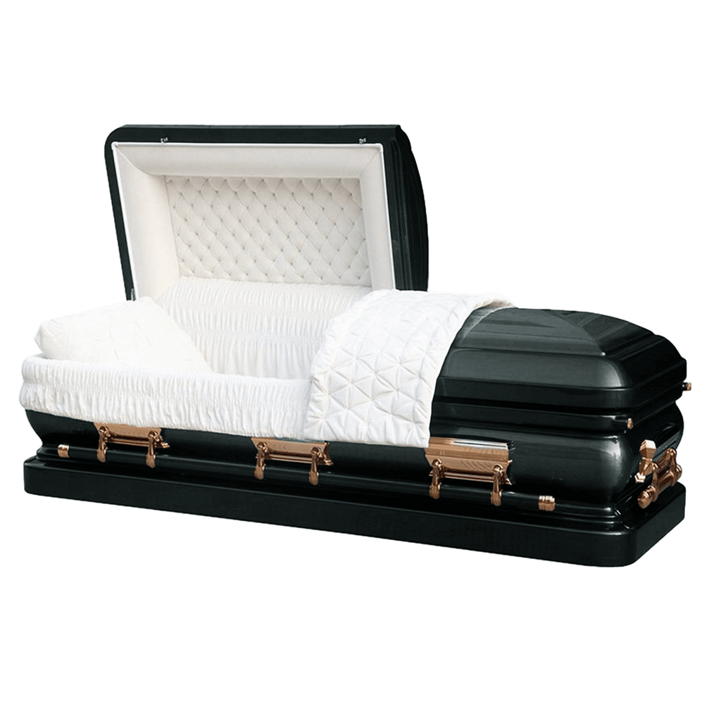 Orion Series Ebony w/ Gold casket — ebony 18-gauge steel with white velvet interior (view 2)