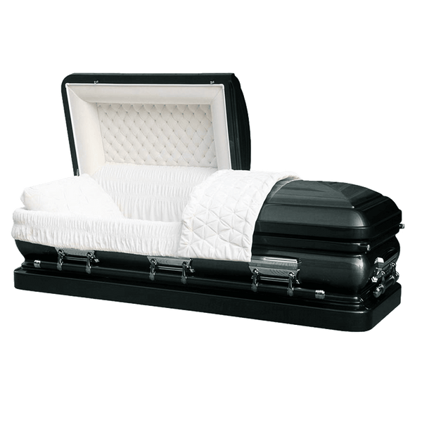Orion Series Ebony casket — ebony 18-gauge steel with white velvet interior