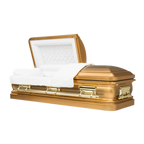 Orion Series Gold Brush casket — gold 18-gauge steel with white velvet interior