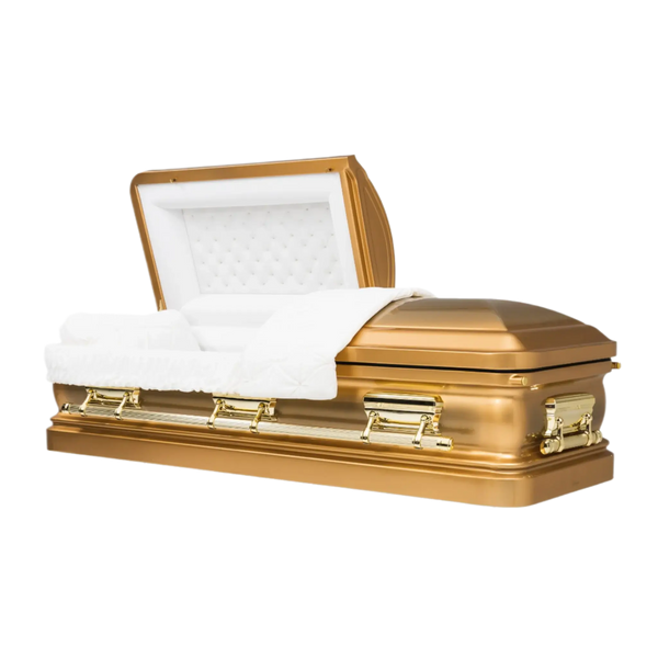 Orion Series Gold Brush casket — gold 18-gauge steel with white velvet interior