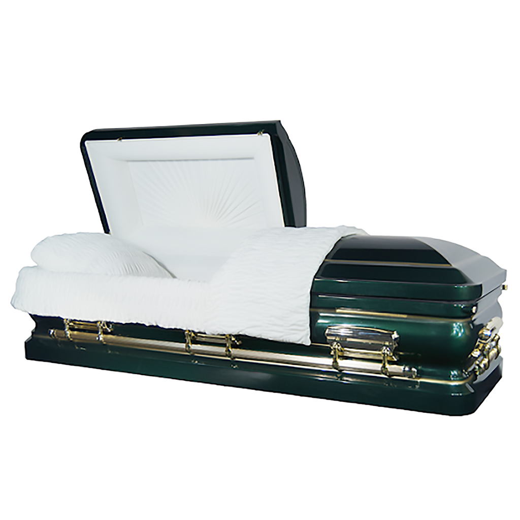 Orion Series Green and Gold casket — green 18-gauge steel with white velvet interior (view 2)