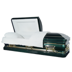 Orion Series Green and Gold casket — green 18-gauge steel with white velvet interior (view 2)