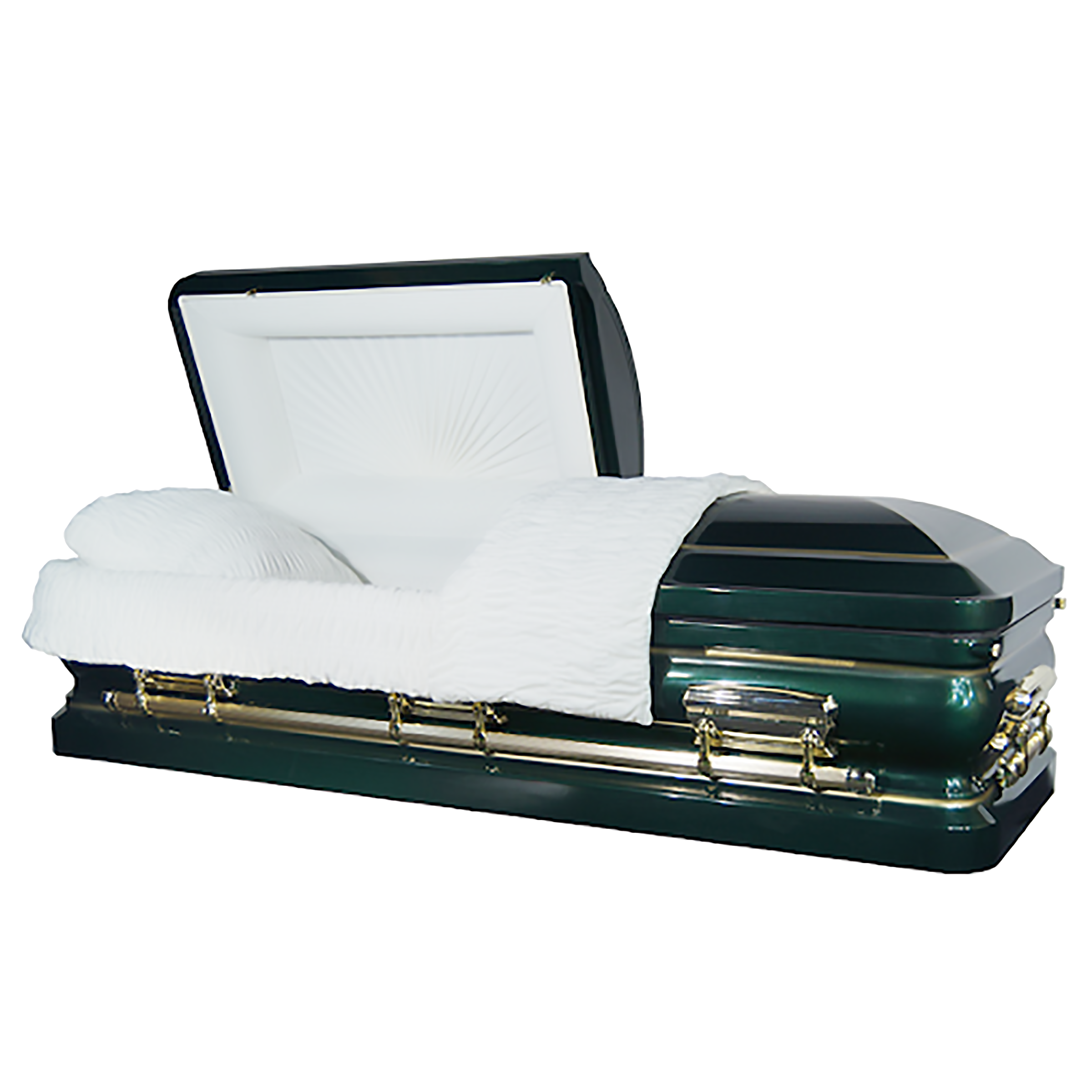 Orion Series Green and Gold casket — green 18-gauge steel with white velvet interior (view 2)