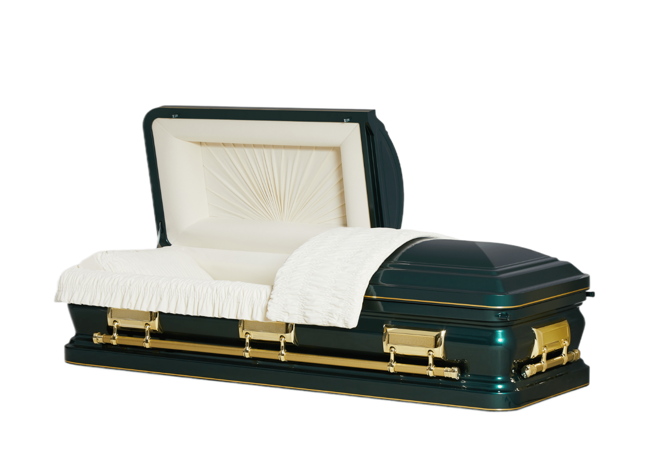 Orion Series Green and Gold casket — green 18-gauge steel with white velvet interior