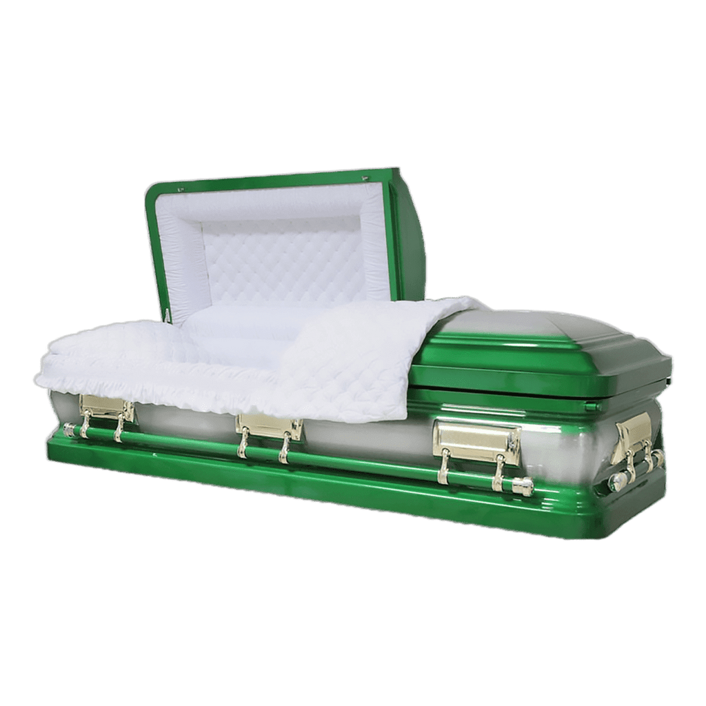 Orion Series Green casket — green 18-gauge steel with white velvet interior (view 2)