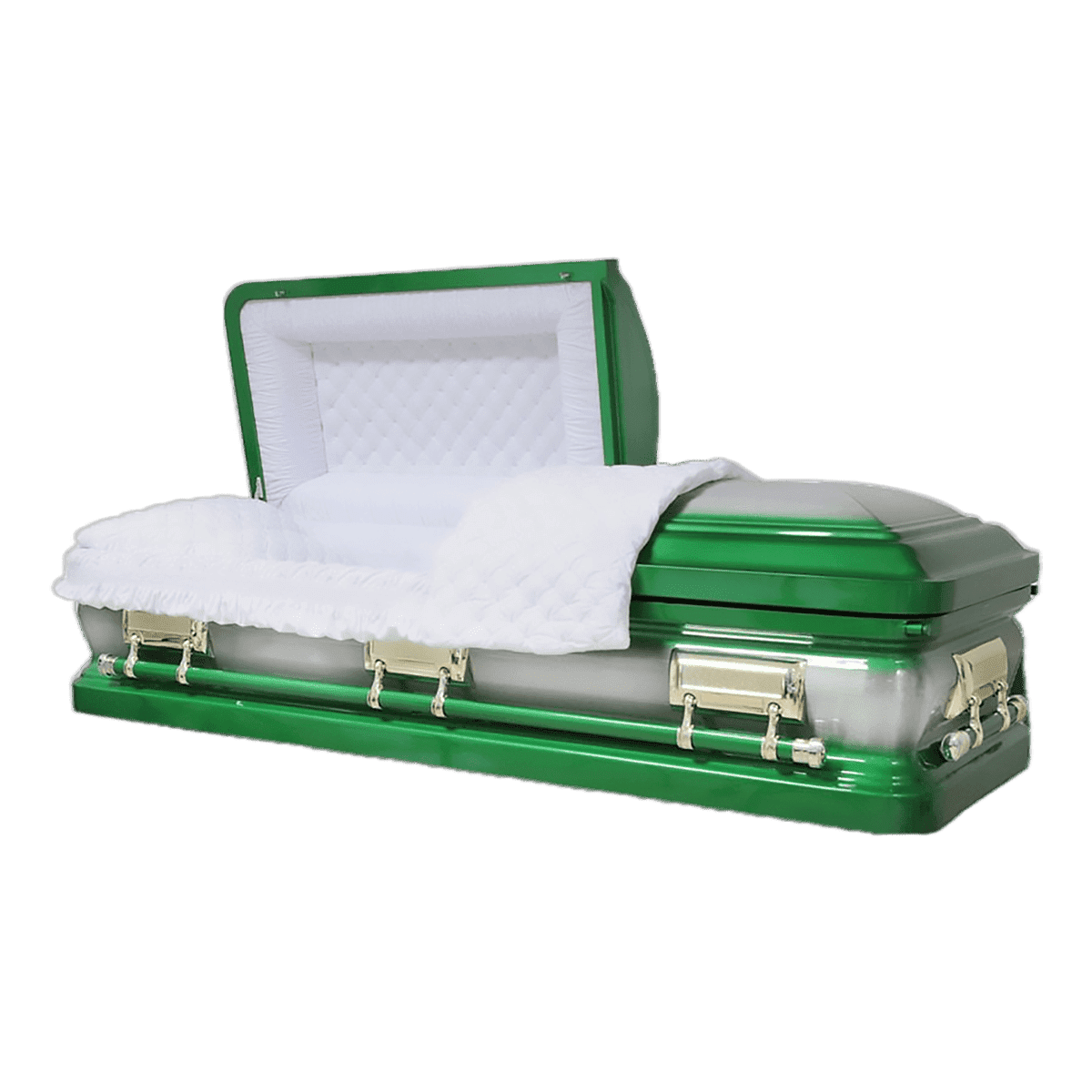 Orion Series Green casket — green 18-gauge steel with white velvet interior (view 2)