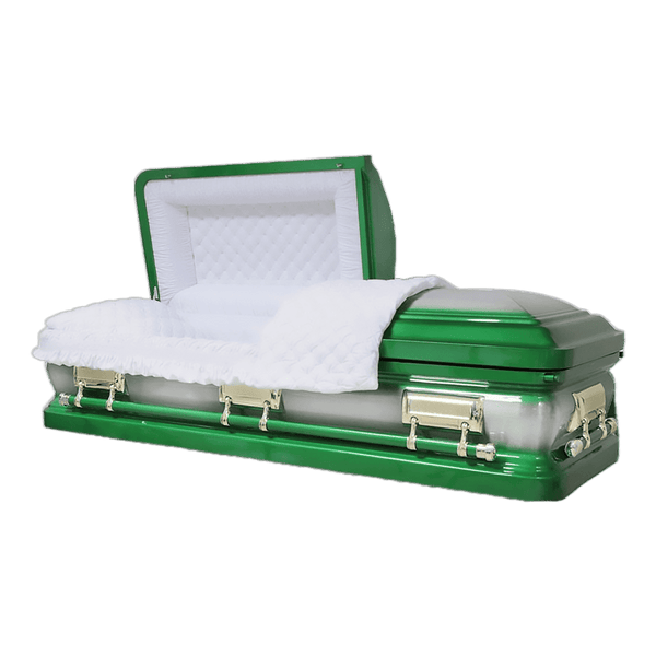 Orion Series Green casket — green 18-gauge steel with white velvet interior