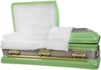 Orion Series Lime Green casket — green 18-gauge steel with white velvet interior (view 2)