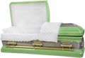 Orion Series Lime Green casket — green 18-gauge steel with white velvet interior
