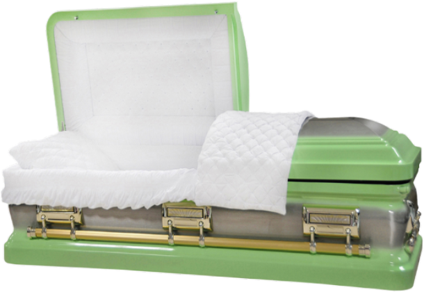 Orion Series Lime Green casket — green 18-gauge steel with white velvet interior