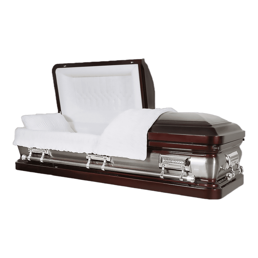 Orion Series Maroon/Wineberry casket — burgundy 18-gauge steel with white velvet interior (view 2)