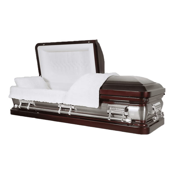 Orion Series Maroon/Wineberry casket — burgundy 18-gauge steel with white velvet interior