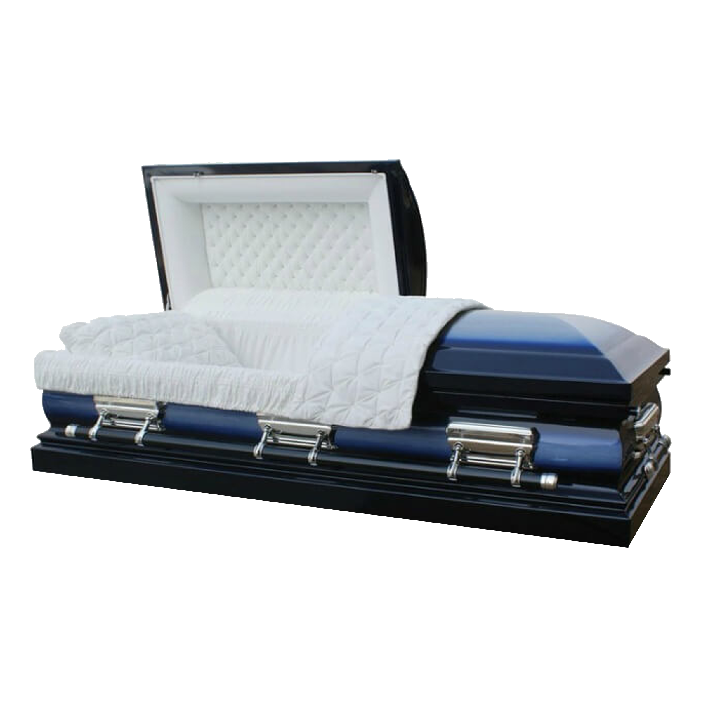 Orion series midnight blue casket — blue 18-gauge steel with white velvet interior (view 2)