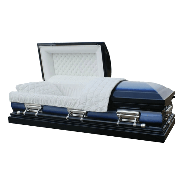 Orion series midnight blue casket — blue 18-gauge steel with white velvet interior