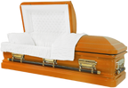 Orion Series Orange casket — orange 18-gauge steel with white velvet interior (view 2)