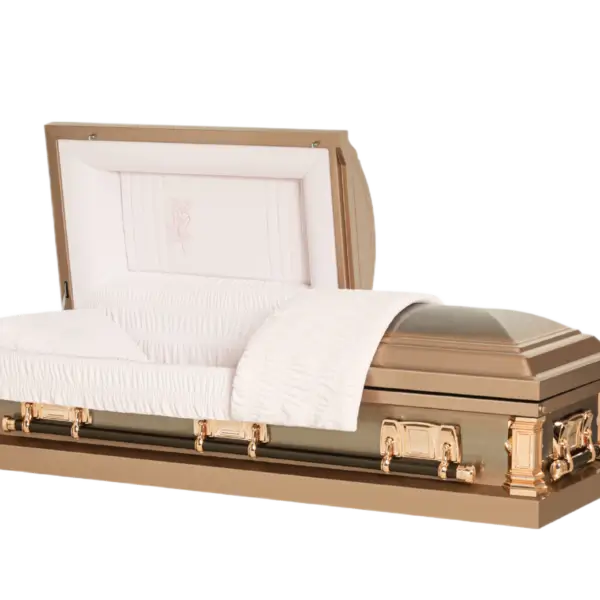 Orion Series Pink Rose casket — gold 18-gauge steel with pink velvet interior (view 2)