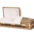 Orion Series Pink Rose casket — gold 18-gauge steel with pink velvet interior