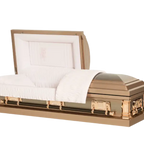 Orion Series Pink Rose casket — gold 18-gauge steel with pink velvet interior