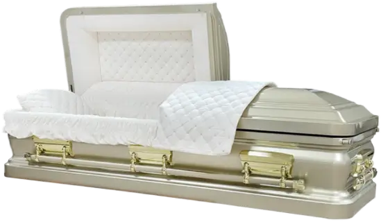 Orion Series Reflective Gold casket — champagne 18-gauge steel with beige velvet interior