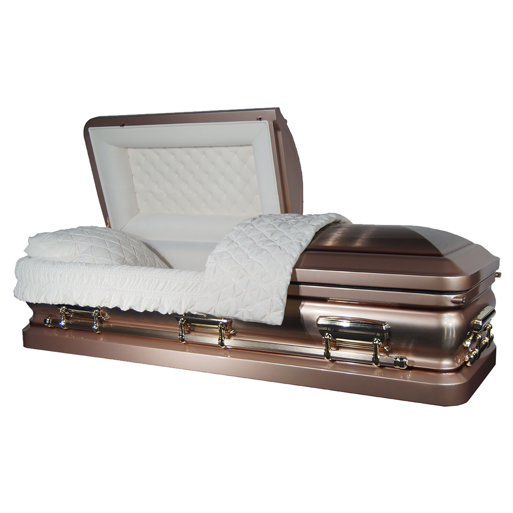 Orion Series Rose Gold/Lilac casket — pink 18-gauge steel with white velvet interior (view 2)