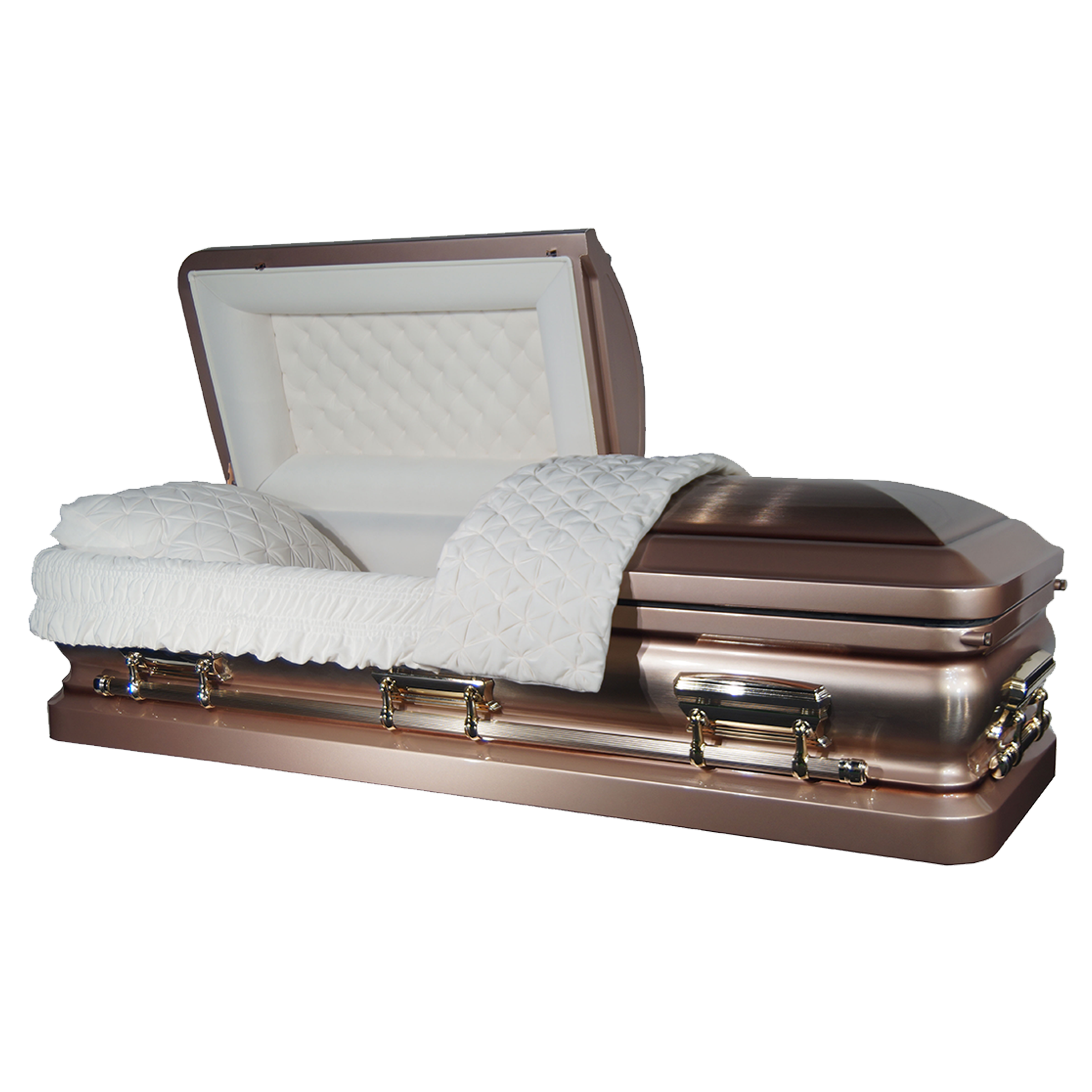 Orion Series Rose Gold/Lilac casket — pink 18-gauge steel with white velvet interior (view 2)