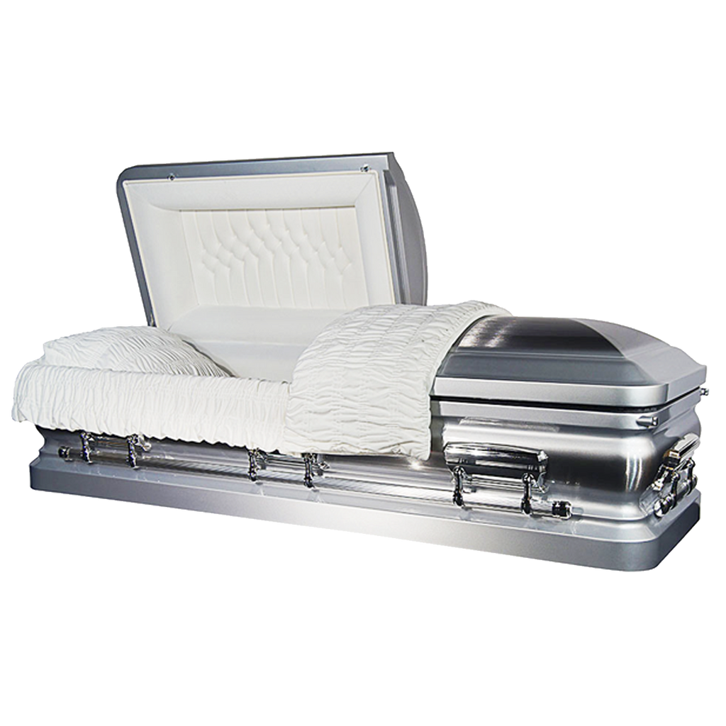 Orion Series Silver Brush casket — silver 18-gauge steel with white velvet interior (view 2)