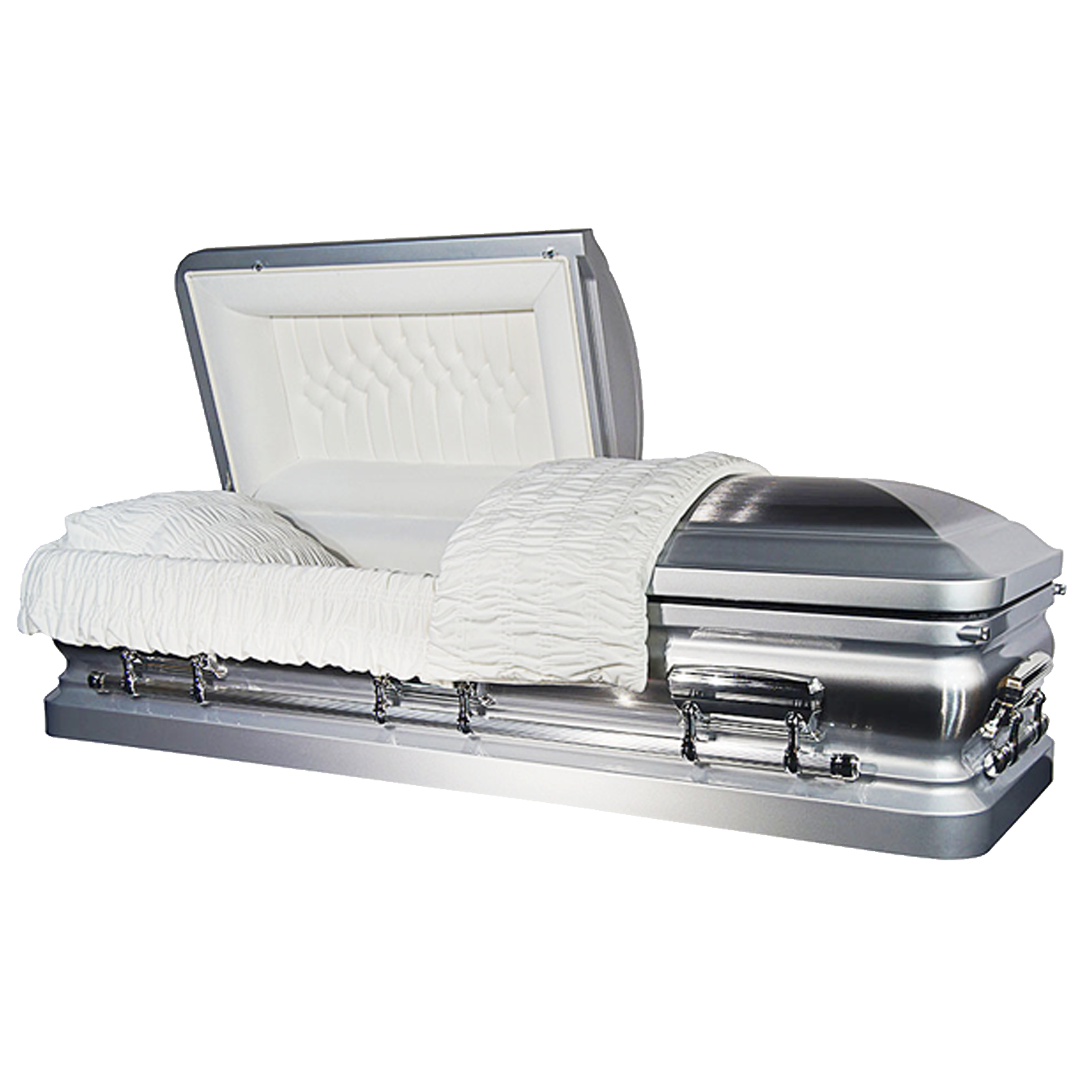 Orion Series Silver Brush casket — silver 18-gauge steel with white velvet interior (view 2)
