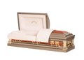 Orion Series Silver Rose casket — tan 18-gauge steel with pink velvet interior