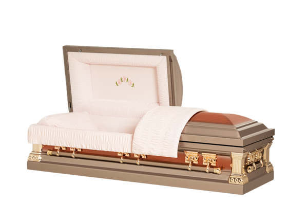 Orion Series Silver Rose casket — tan 18-gauge steel with pink velvet interior