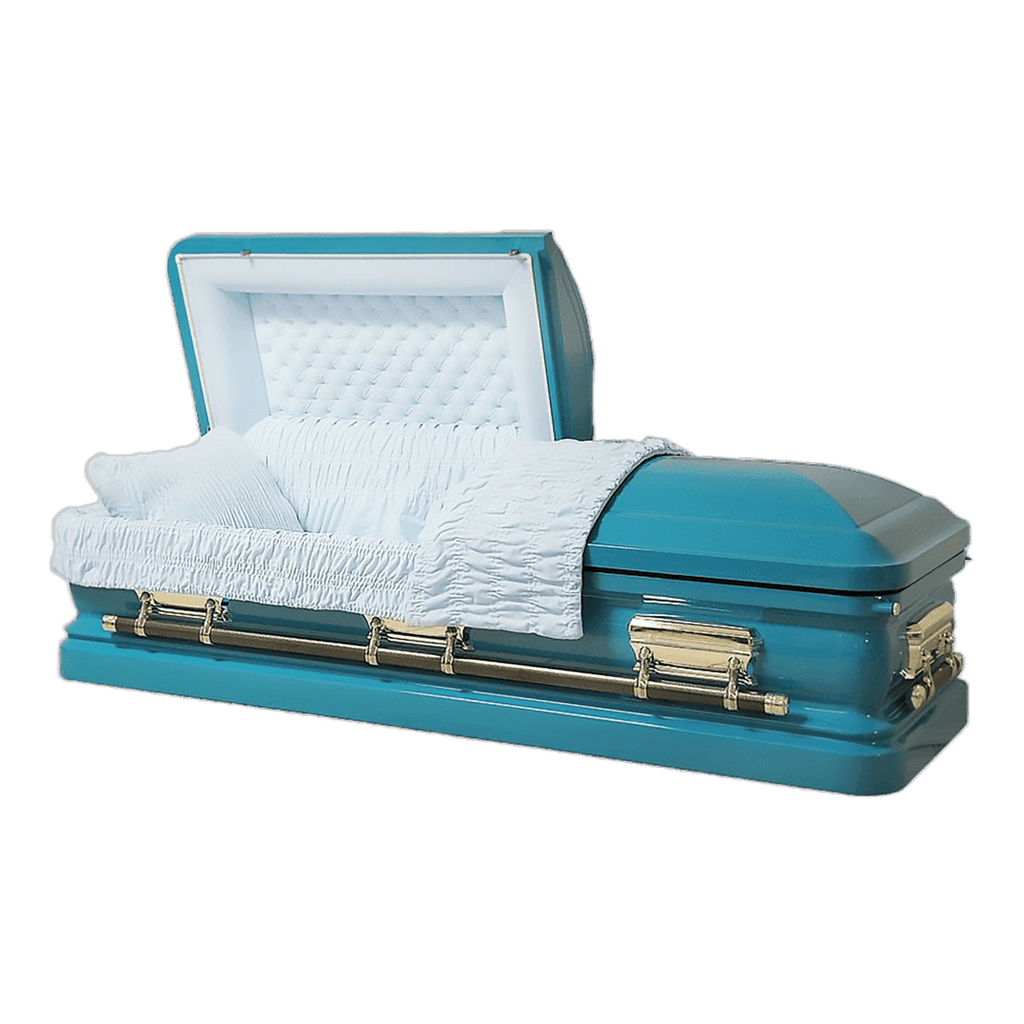 Orion Series Turquoise casket — blue 18-gauge steel with blue velvet interior (view 2)