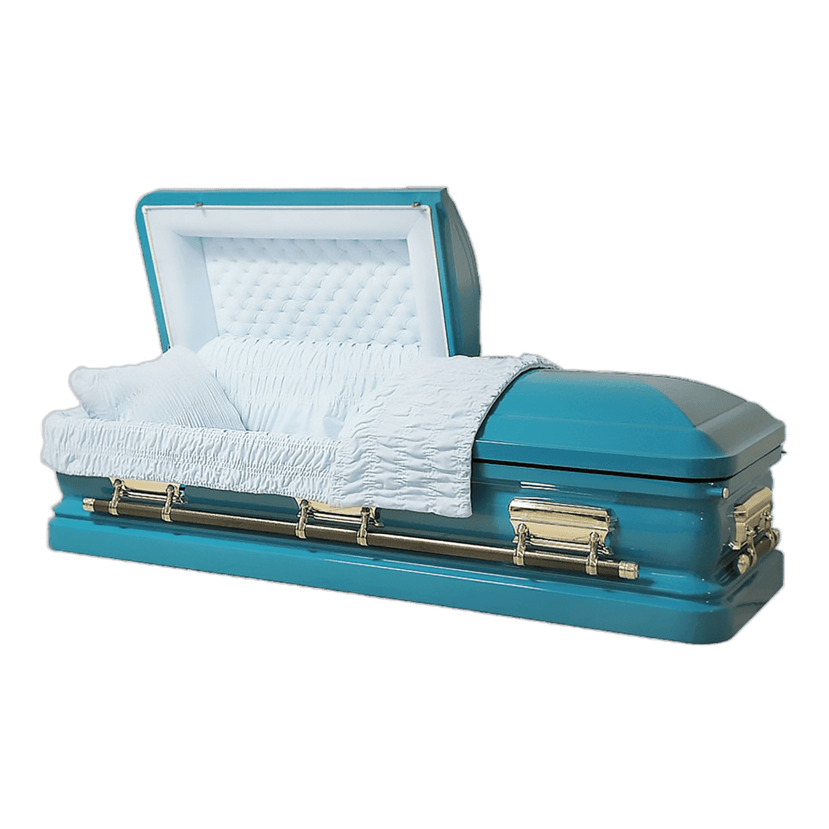 Orion Series Turquoise casket — blue 18-gauge steel with blue velvet interior