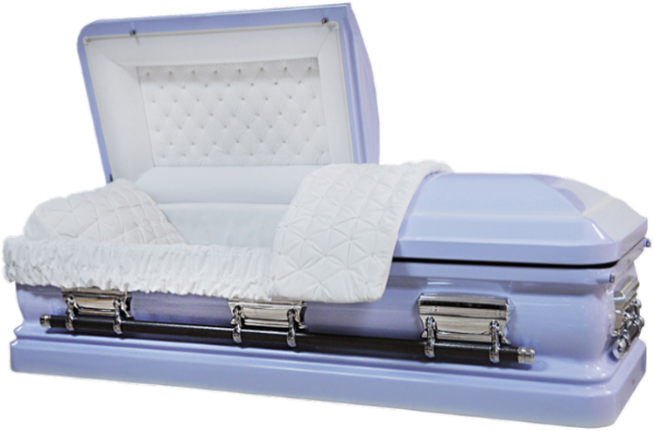 Orion Series Violet casket — purple 18-gauge steel with white velvet interior (view 2)