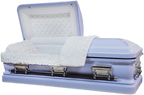 Orion Series Violet casket — purple 18-gauge steel with white velvet interior (view 2)