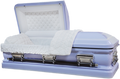 Orion Series Violet casket — purple 18-gauge steel with white velvet interior