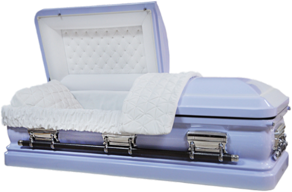 Orion Series Violet casket — purple 18-gauge steel with white velvet interior